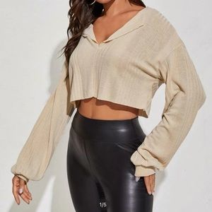 SHEIN Ribbed notched raw cut tan crop top